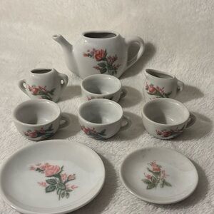 Miniature Porcelain Tea Set with Pink Rose Motif